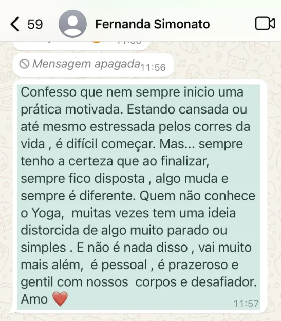 Depoimento de aluna no WhatsApp sobre as aulas da Ju Dias.