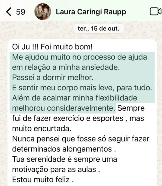 Depoimento de aluna no WhatsApp sobre as aulas da Ju Dias.