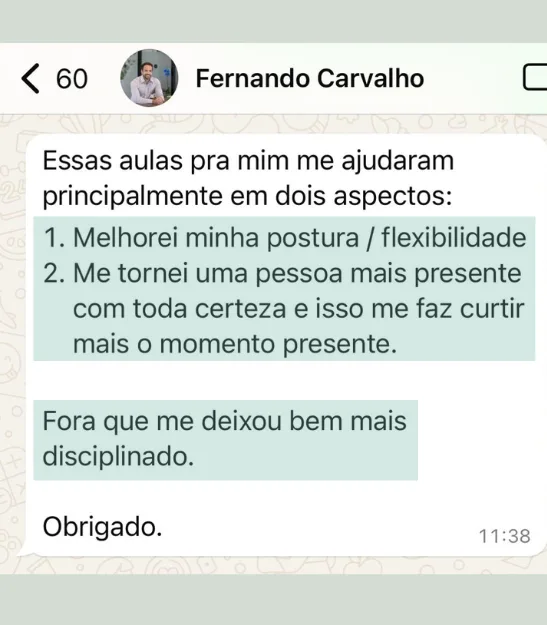 Depoimento de aluno no WhatsApp sobre as aulas da Ju Dias.