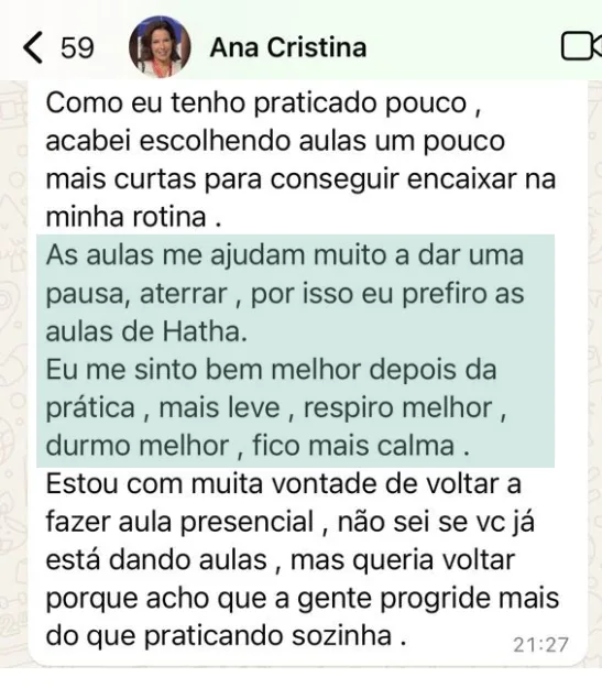 Depoimento de aluna no WhatsApp sobre as aulas da Ju Dias.